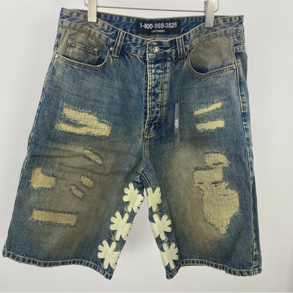 Distressed Blue Jean Shorts with Lace Accents